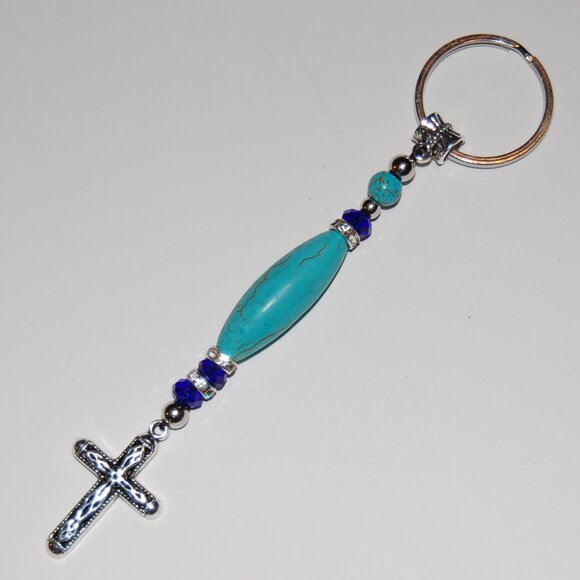 Elegant Cross Keychain,Cross Bag Charm,Turquoise Beaded Keychain - Picture 2 of 2